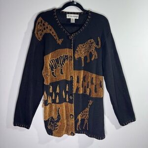 🦒 Victoria Harbour Animal Motif Cardigan Safari Knit Black & Gold Size XL